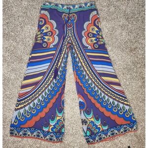 Eunishop Palazzo Pants Women's L Purple Blue Orange Peacock Medallion Wide Leg